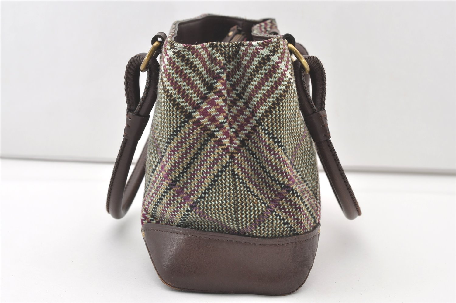 Authentic BURBERRY Check Shoulder Hand Bag Purse Wool Leather Green 7846J