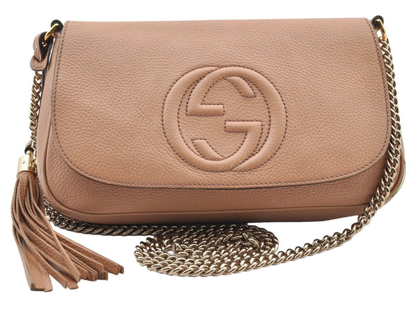 Authentic GUCCI SOHO Chain Shoulder Cross Body Bag Leather 536224 Beige 7849I