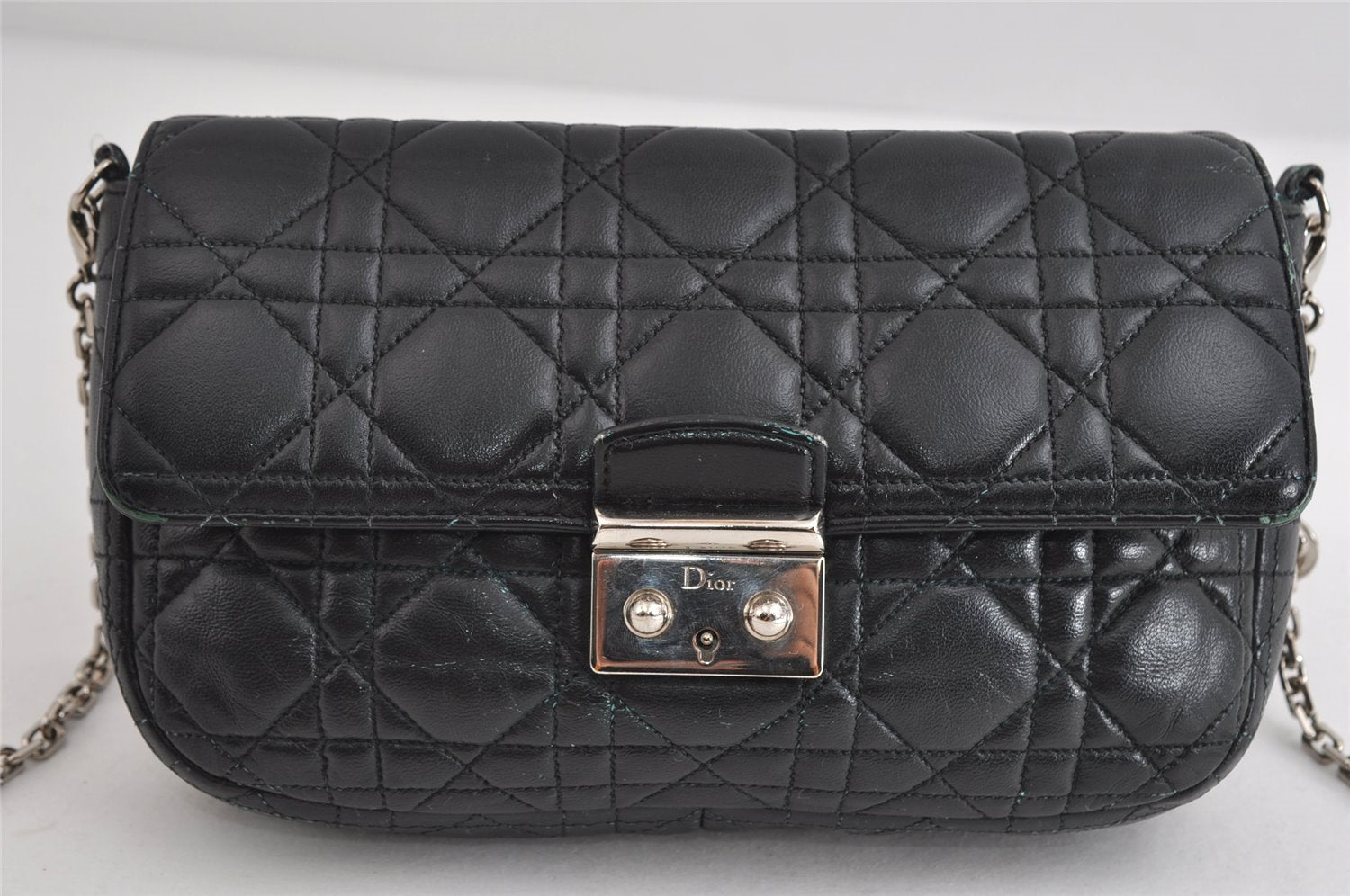 Authentic Christian Dior New Lock Cannage Leather Chain Shoulder Bag Black 7852I