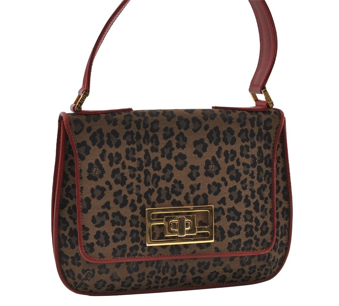 Authentic FENDI Leopard Pattern Shoulder Hand Bag Canvas Leather Brown 7853I