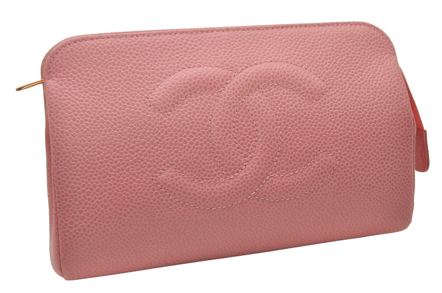 Authentic CHANEL Caviar Skin CC Logo Cosmetic Pouch Purse Pink Junk 7854I