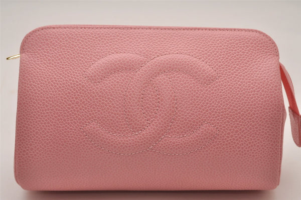 Authentic CHANEL Caviar Skin CC Logo Cosmetic Pouch Purse Pink Junk 7854I