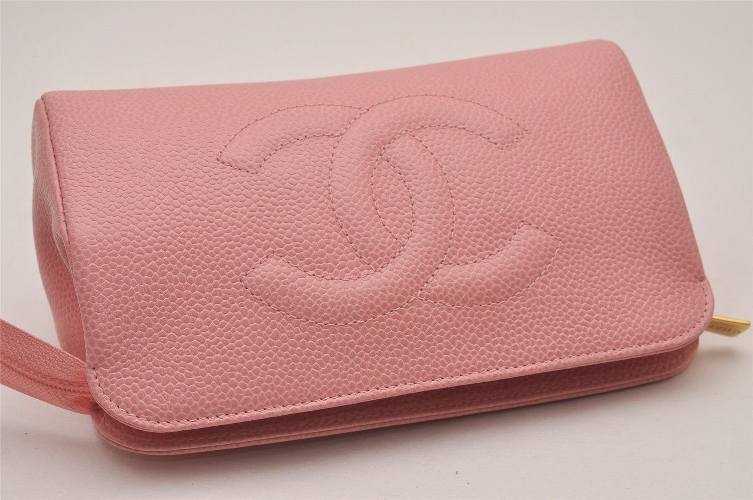 Authentic CHANEL Caviar Skin CC Logo Cosmetic Pouch Purse Pink Junk 7854I