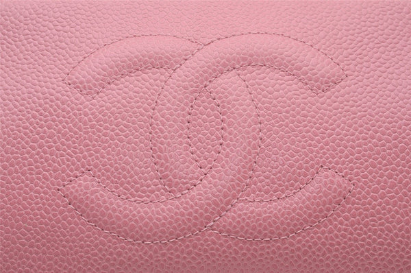 Authentic CHANEL Caviar Skin CC Logo Cosmetic Pouch Purse Pink Junk 7854I