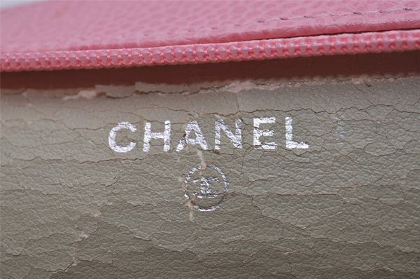 Authentic CHANEL Caviar Skin CC Logo Cosmetic Pouch Purse Pink Junk 7854I