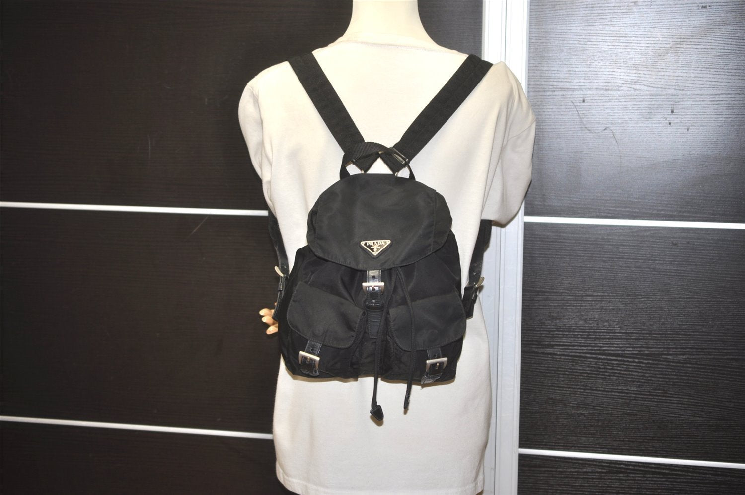 Authentic PRADA Vintage Nylon Tessuto Leather Backpack Black 7861I