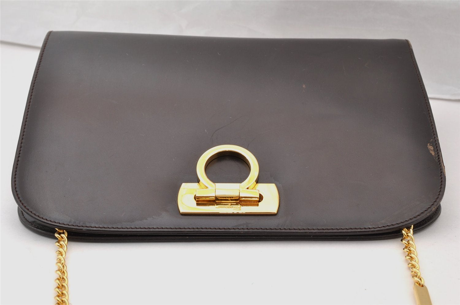 Authentic Salvatore Ferragamo Gancini Leather Chain Shoulder Bag Brown 7862I