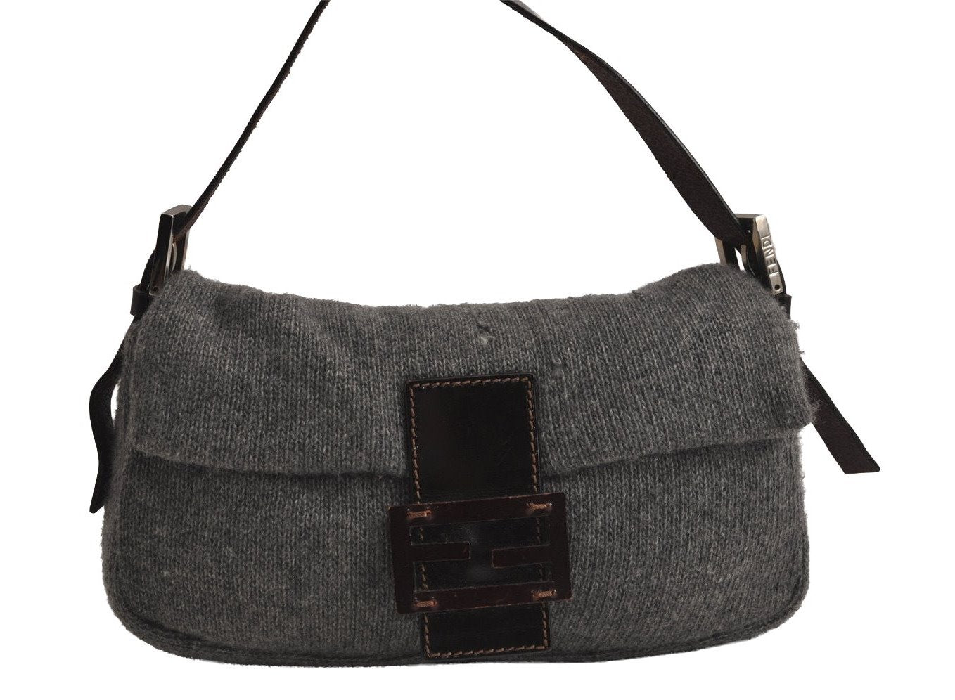 Authentic FENDI Mamma Baguette Shoulder Hand Bag Purse Knit Leather Gray 7863J