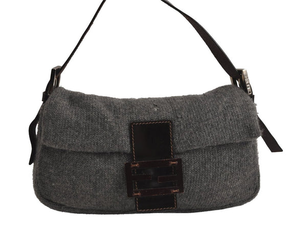 Authentic FENDI Mamma Baguette Shoulder Hand Bag Purse Knit Leather Gray 7863J