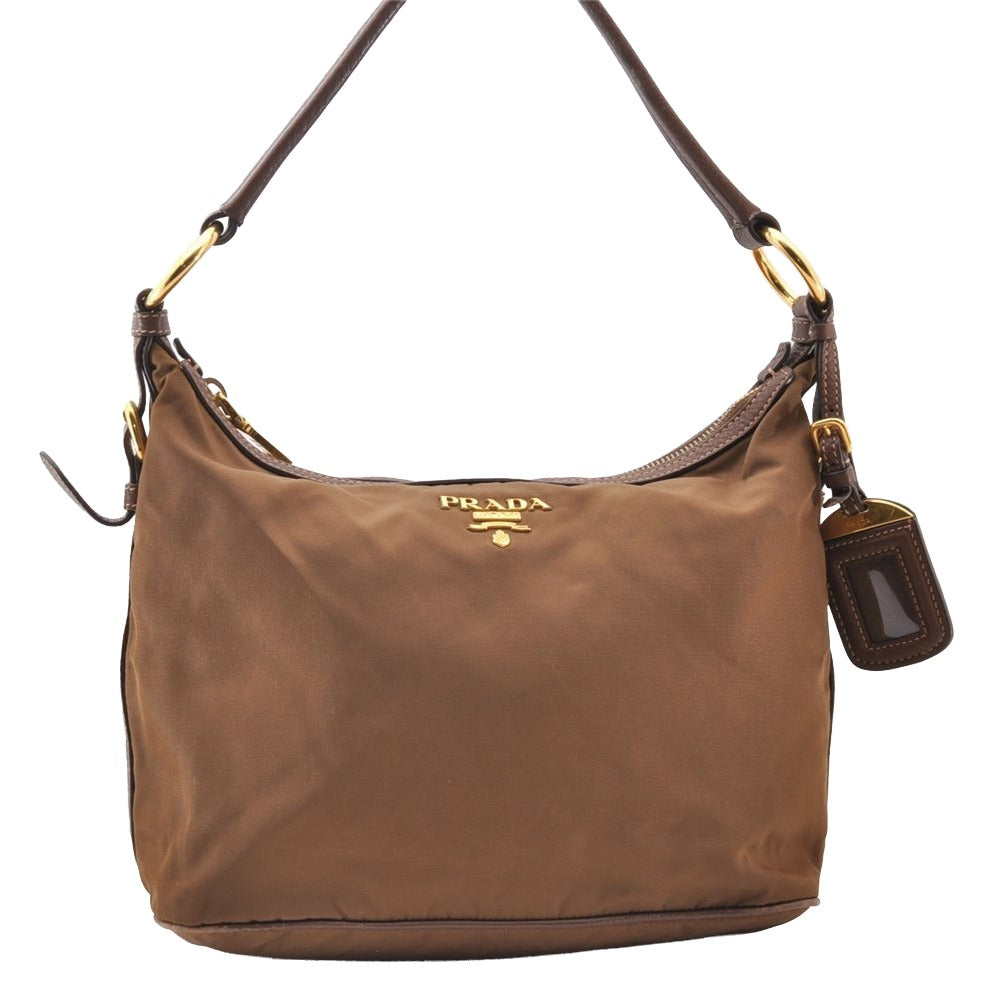 Authentic PRADA Vintage Nylon Tessuto Leather Shoulder Bag Purse Brown 7866I