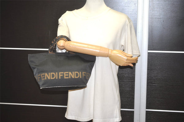 Authentic FENDI Vintage Hand Tote Bag Purse Nylon Leather Black 7869I