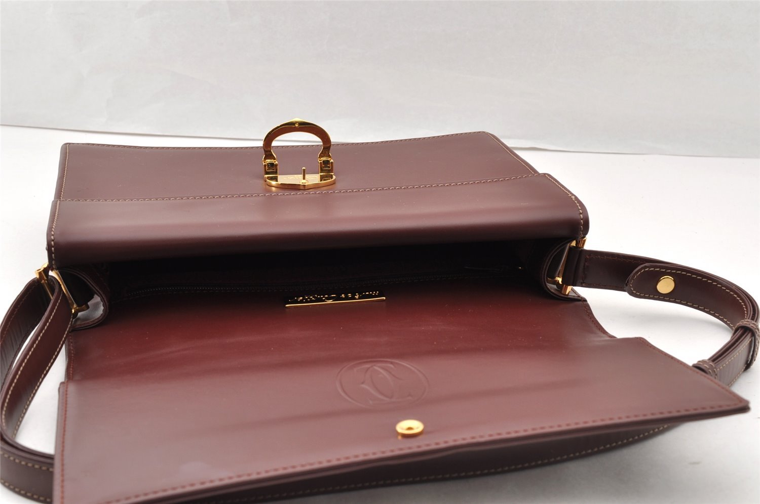 Authentic Cartier Must de Cartier Leather Shoulder Cross Bag Bordeaux Red 7870I