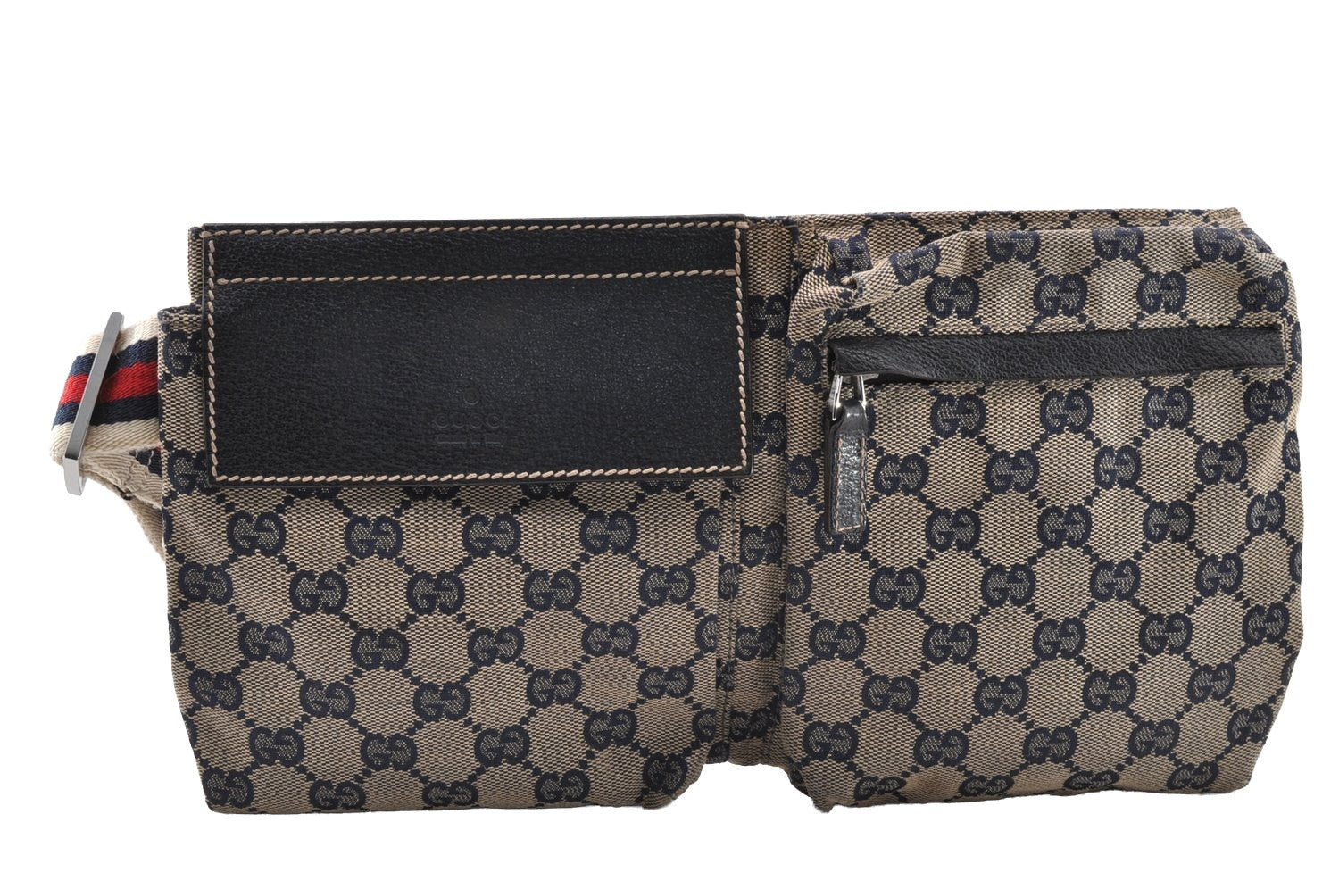 Authentic GUCCI Sherry Line Waist Body Bag GG Canvas Leather 28566 Navy 7874I