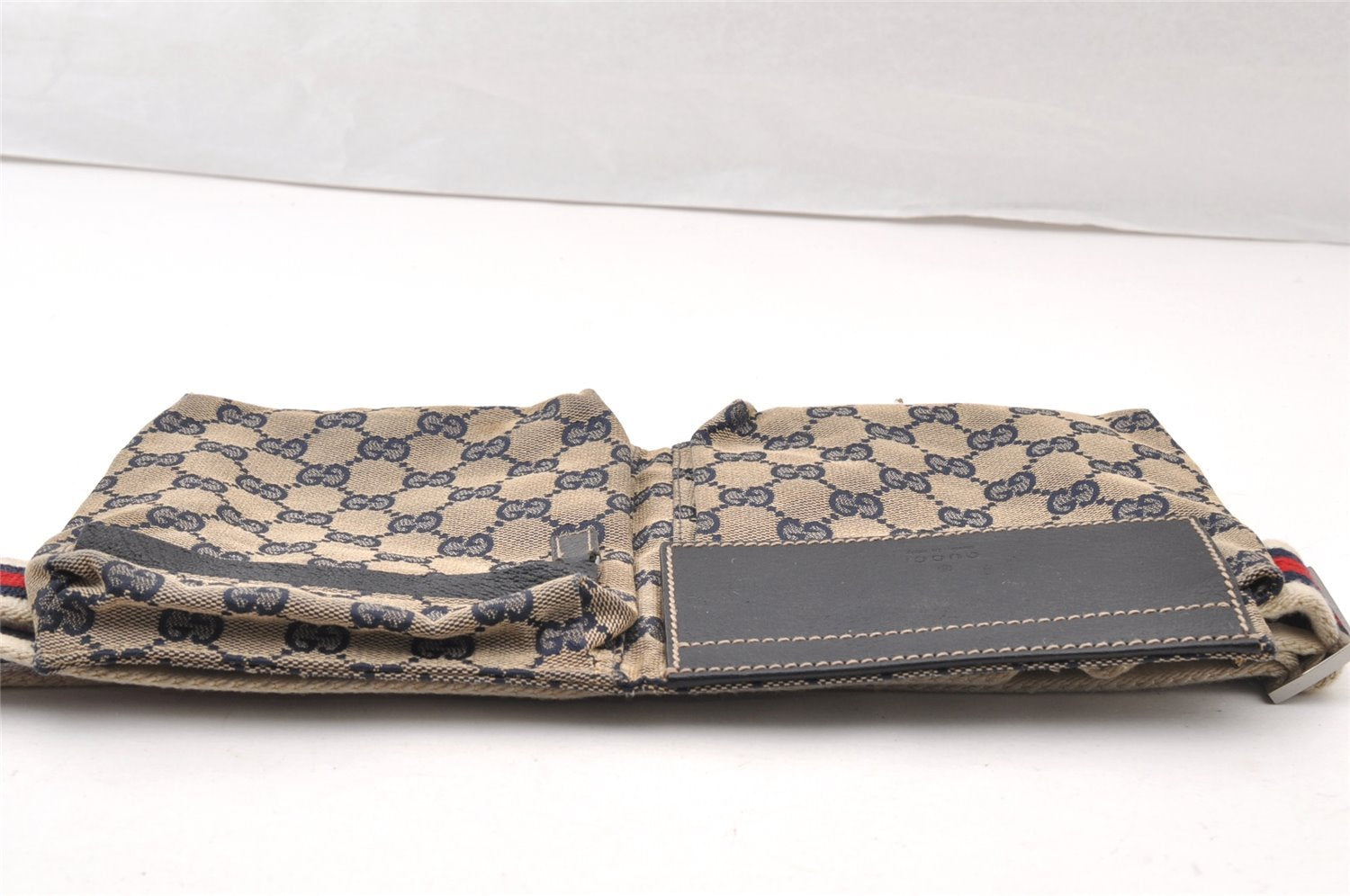 Authentic GUCCI Sherry Line Waist Body Bag GG Canvas Leather 28566 Navy 7874I
