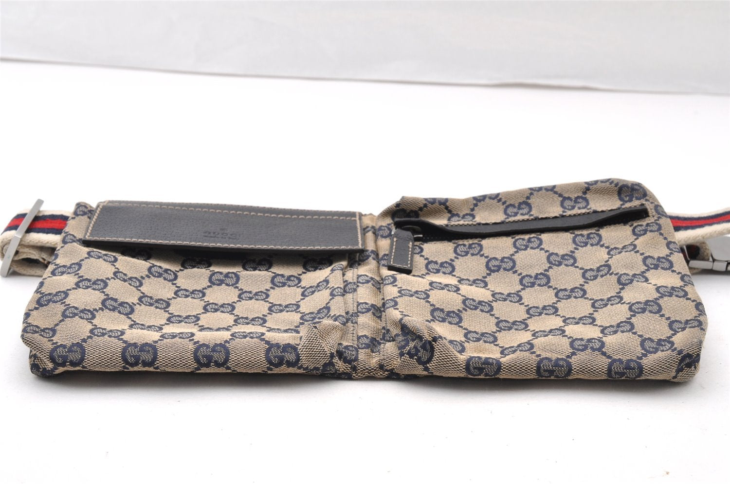 Authentic GUCCI Sherry Line Waist Body Bag GG Canvas Leather 28566 Navy 7874I