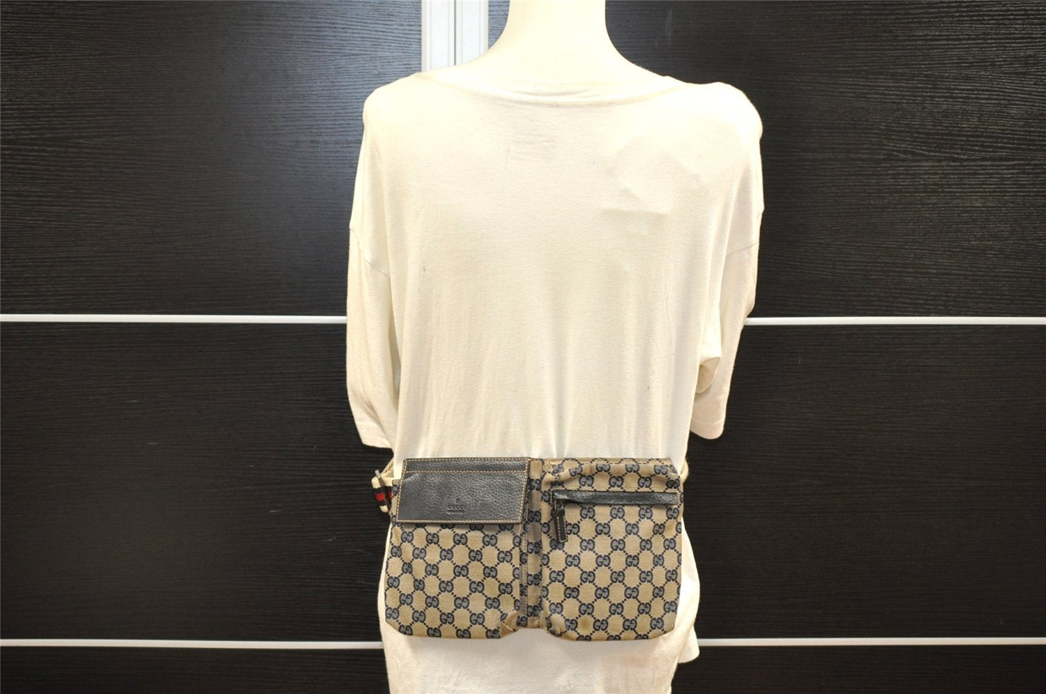 Authentic GUCCI Sherry Line Waist Body Bag GG Canvas Leather 28566 Navy 7874I
