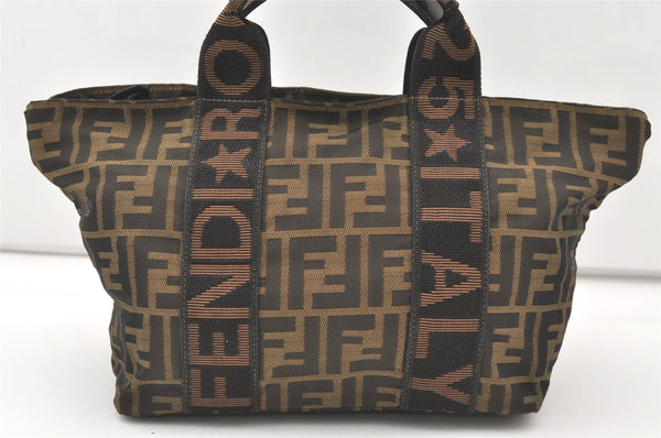 Authentic FENDI Vintage Zucca Tote Hand Bag Nylon Leather Brown 7878J