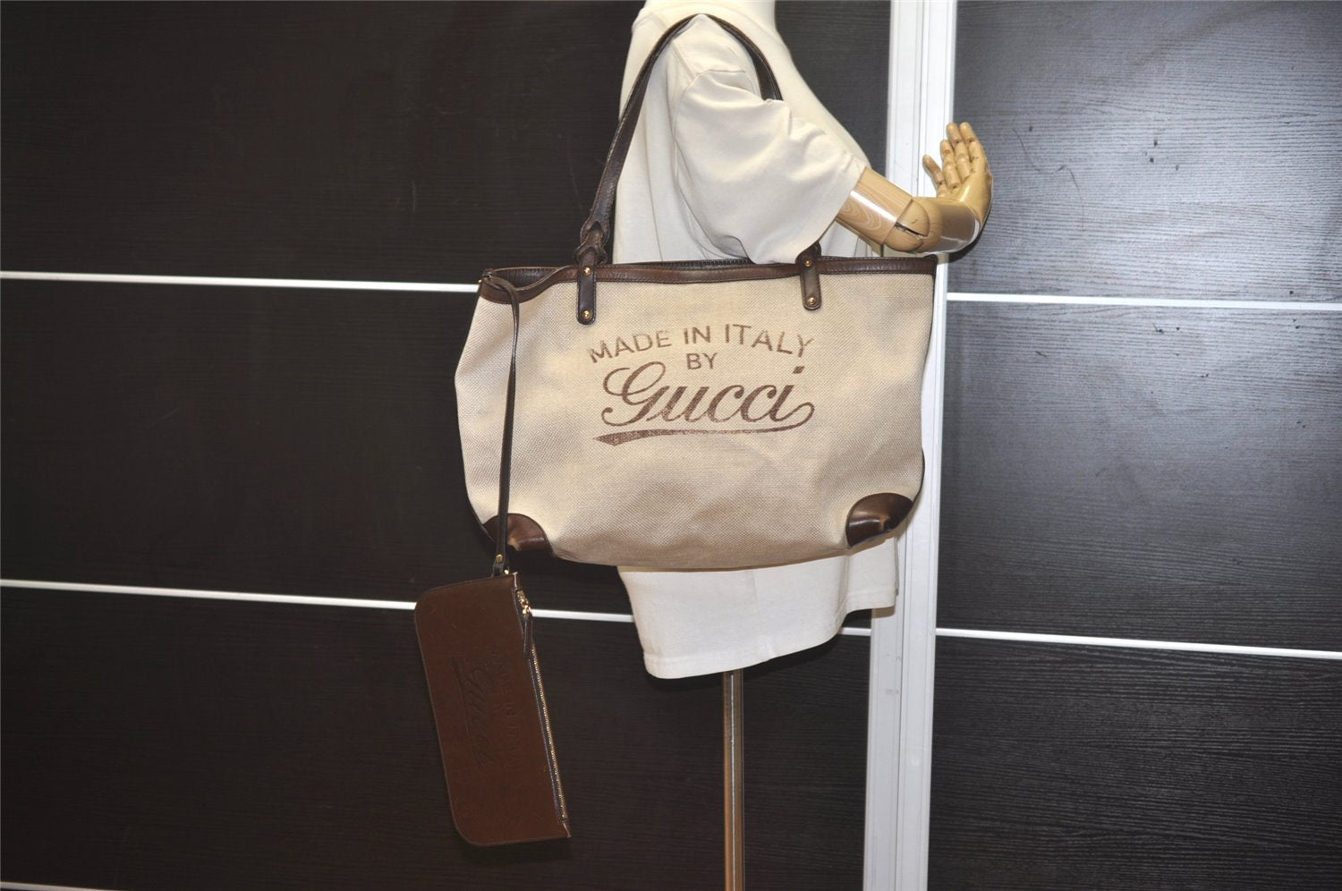 Authentic GUCCI Craft Shoulder Tote Bag Canvas Leather 247209 Beige 7889J