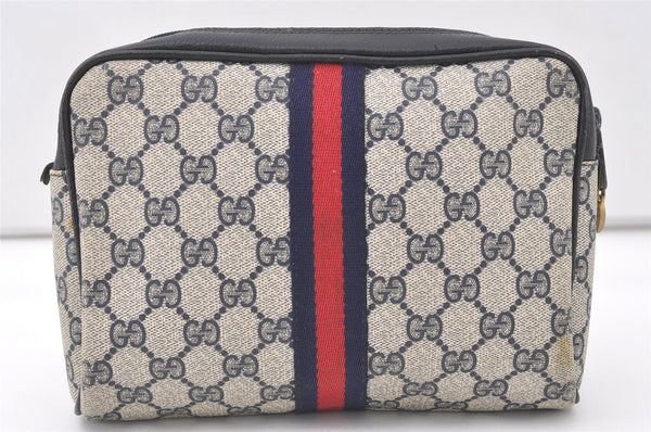 Authentic GUCCI Sherry Line Clutch Hand Bag GG PVC Leather Navy Blue Junk 7890J