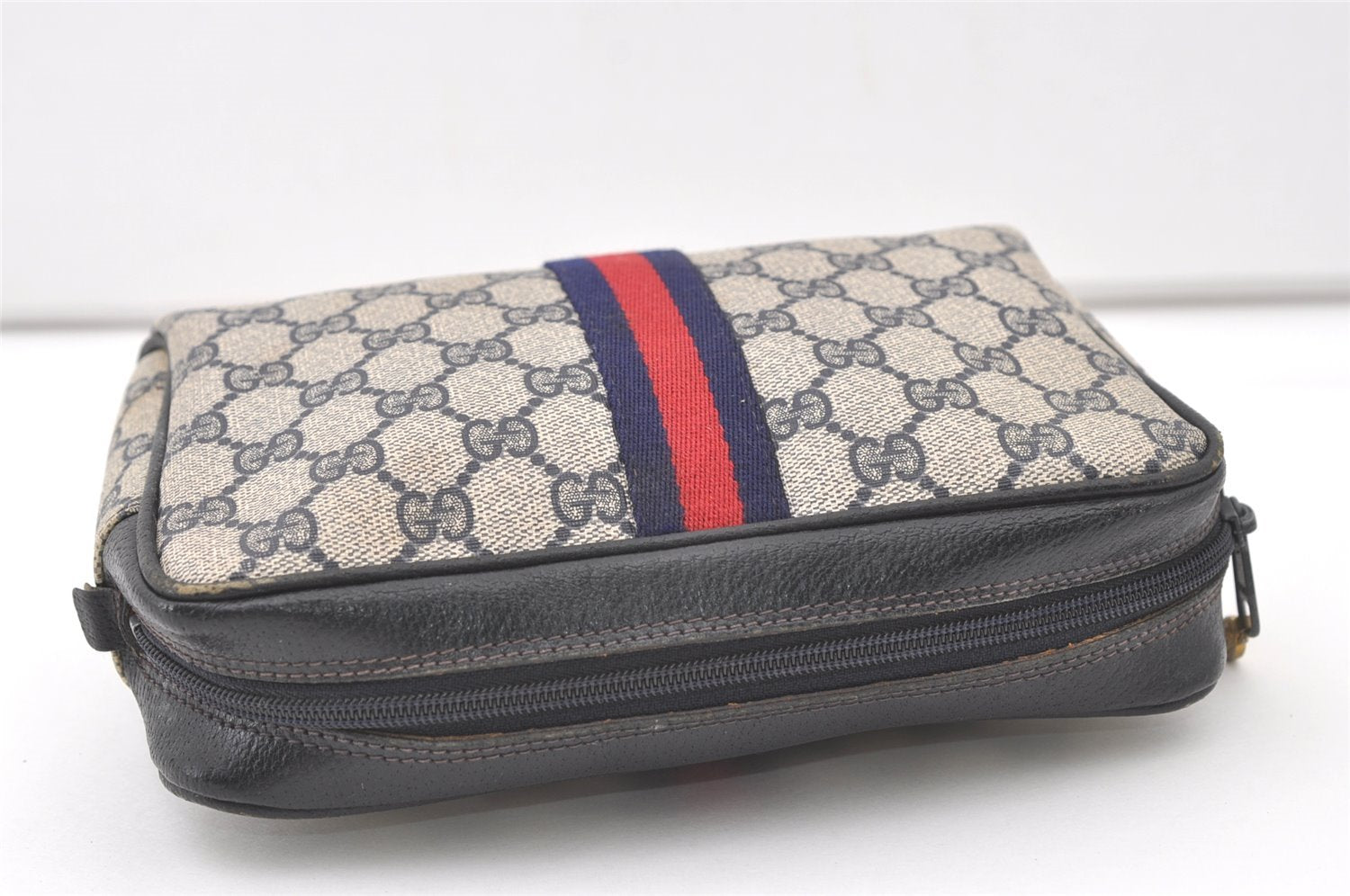 Authentic GUCCI Sherry Line Clutch Hand Bag GG PVC Leather Navy Blue Junk 7890J