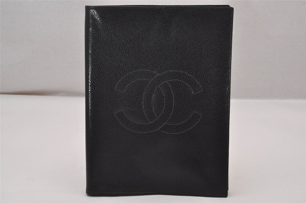 Authentic CHANEL Caviar Skin CoCo Mark Notebook Cover Purse Black Box 7893I