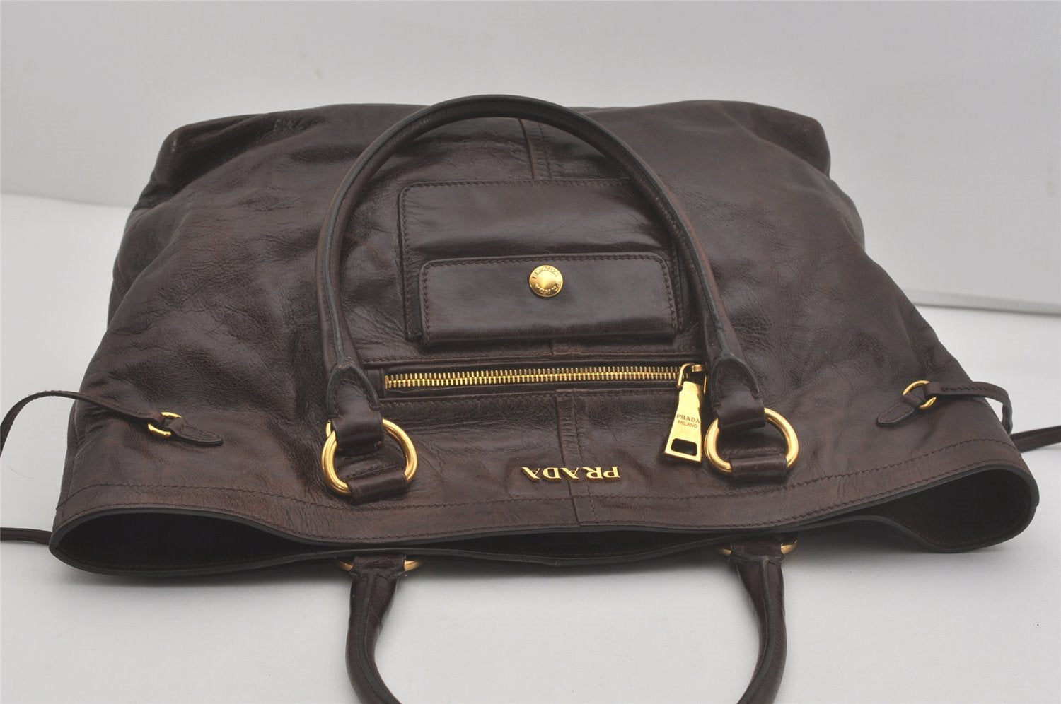 Authentic PRADA Vintage Leather Hand Tote Bag Brown 7894I