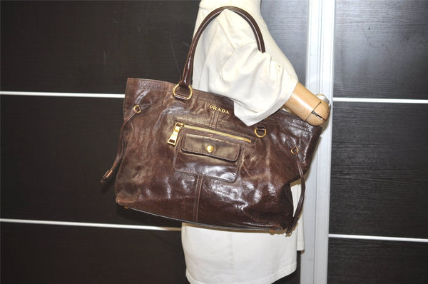 Authentic PRADA Vintage Leather Hand Tote Bag Brown 7894I