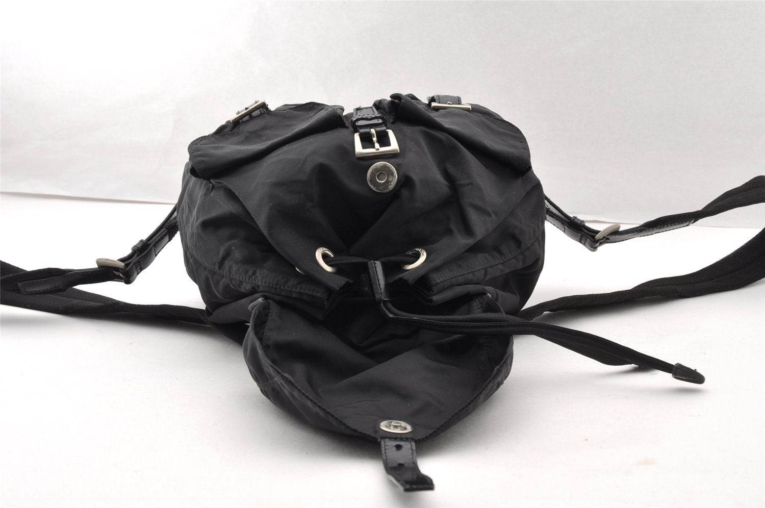 Authentic PRADA Vela Nylon Tessuto Leather Drawstring Backpack B6677 Black 7896I