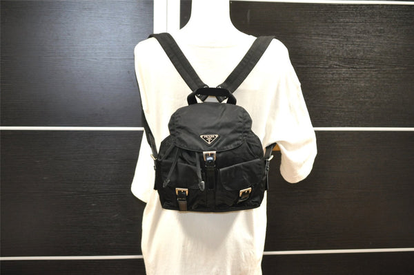 Authentic PRADA Vela Nylon Tessuto Leather Drawstring Backpack B6677 Black 7896I