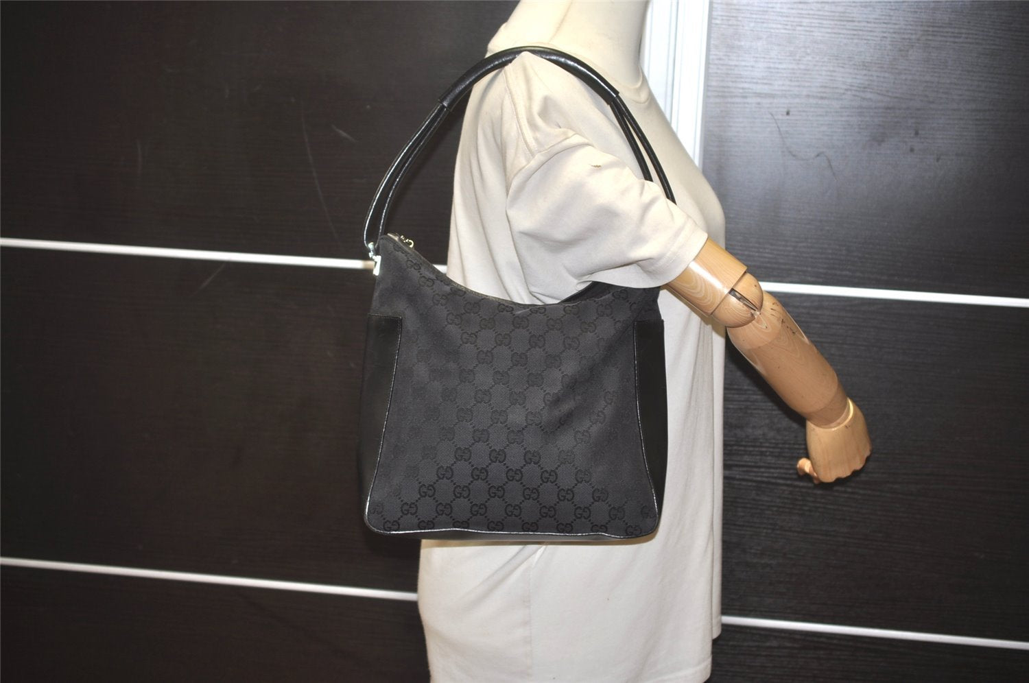 Authentic GUCCI Vintage Shoulder Hand Bag GG Canvas Leather 0013766 Black 7897I