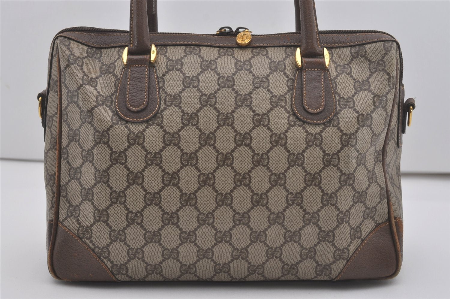 Authentic GUCCI 2Way Shoulder Hand Boston Bag GG PVC Leather Brown 7907I