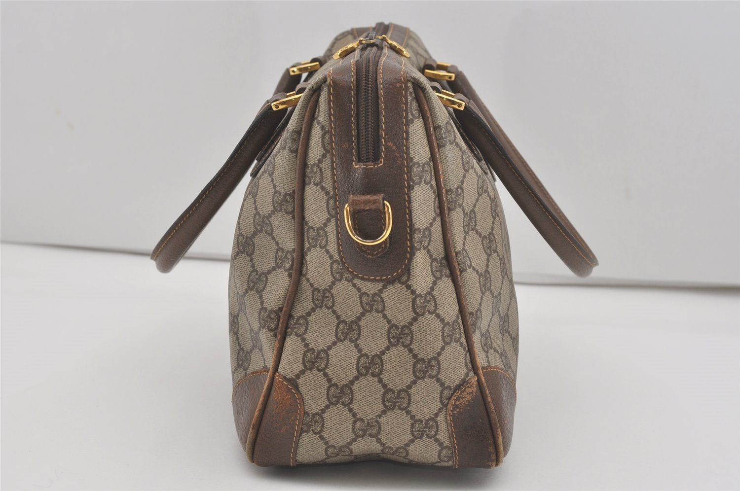 Authentic GUCCI 2Way Shoulder Hand Boston Bag GG PVC Leather Brown 7907I