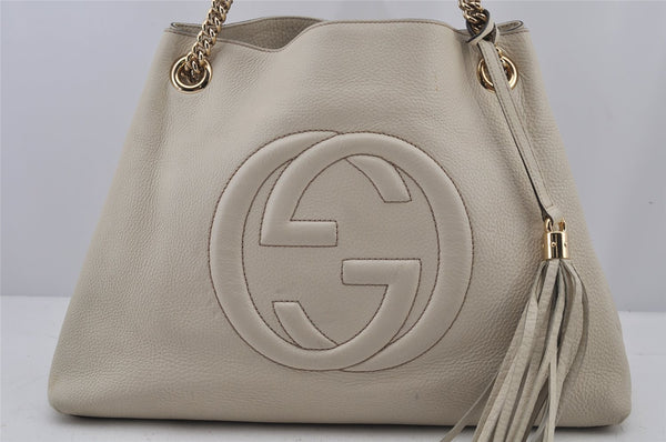 Authentic GUCCI SOHO Vintage Tassel Tote Bag Chain Leather 308982 White 7911J