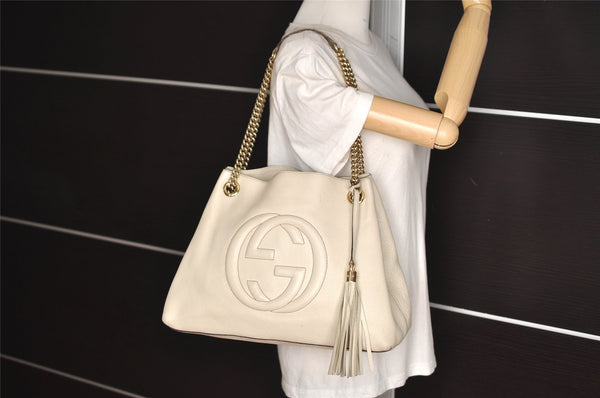 Authentic GUCCI SOHO Vintage Tassel Tote Bag Chain Leather 308982 White 7911J