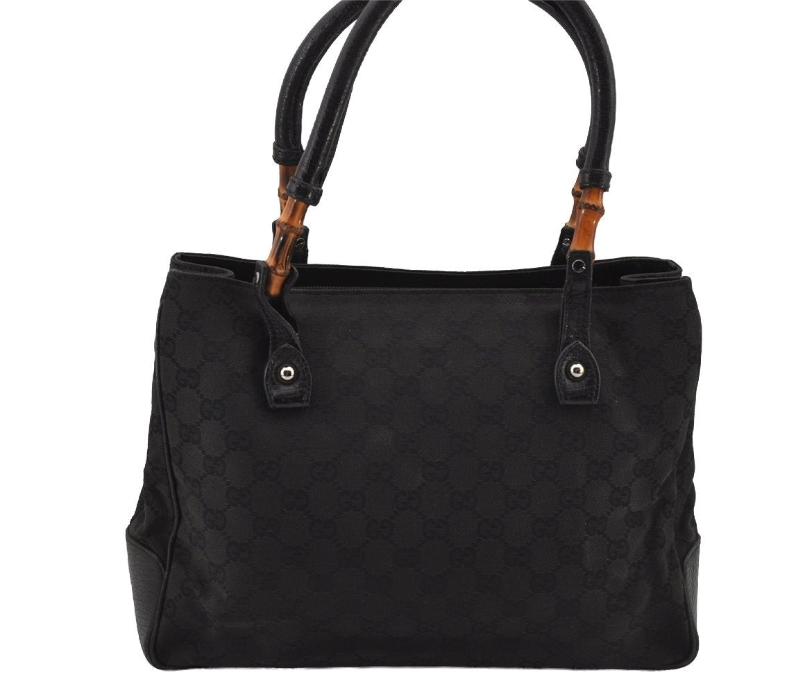 Authentic GUCCI Bamboo Vintage Hand Bag GG Canvas Leather 112526 Black 7913J
