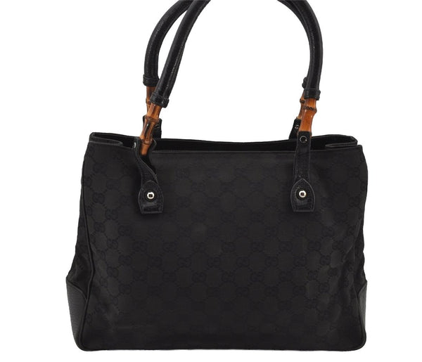 Authentic GUCCI Bamboo Vintage Hand Bag GG Canvas Leather 112526 Black 7913J