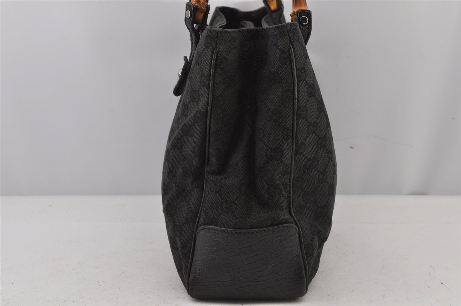 Authentic GUCCI Bamboo Vintage Hand Bag GG Canvas Leather 112526 Black 7913J