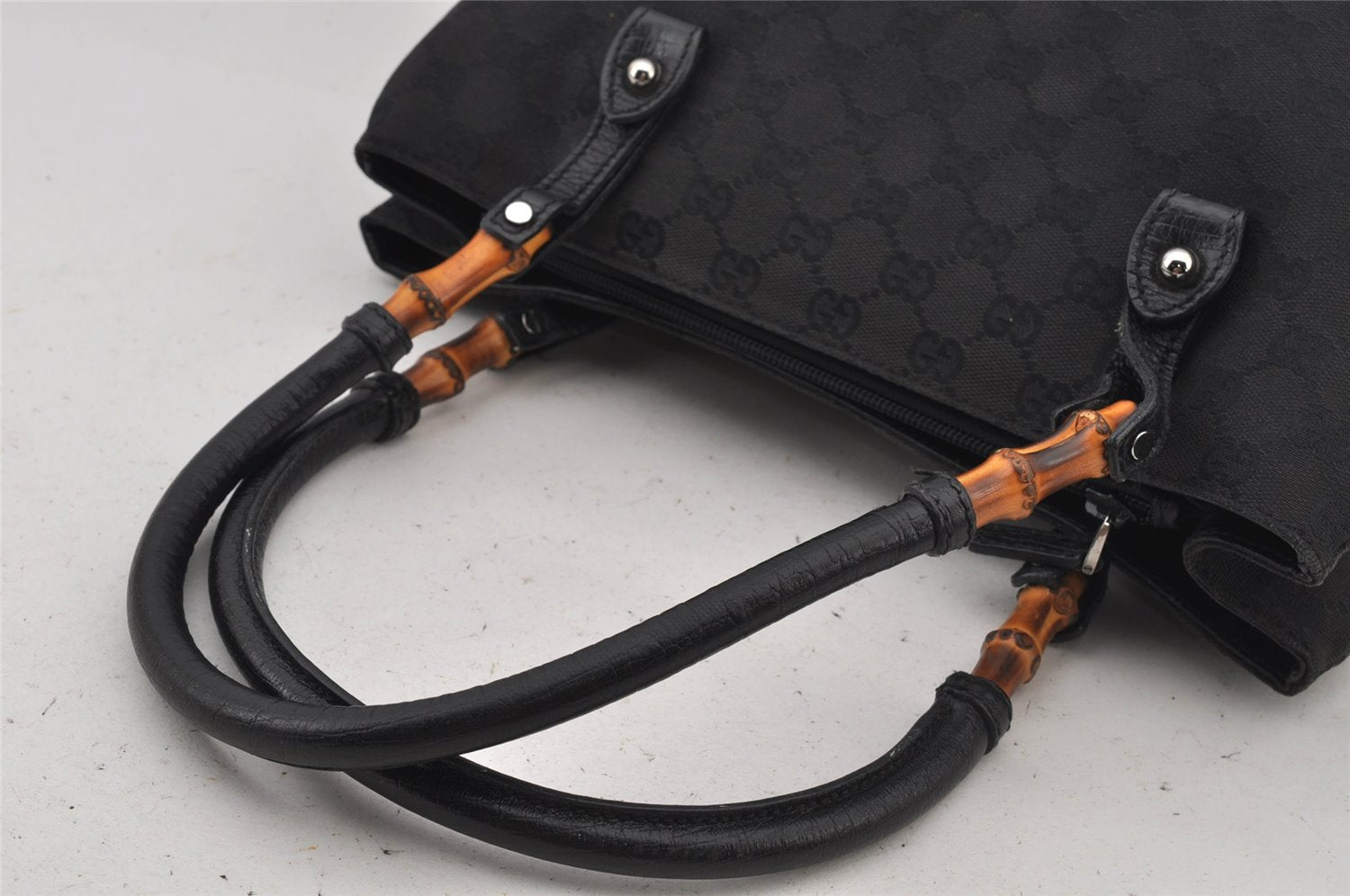 Authentic GUCCI Bamboo Vintage Hand Bag GG Canvas Leather 112526 Black 7913J