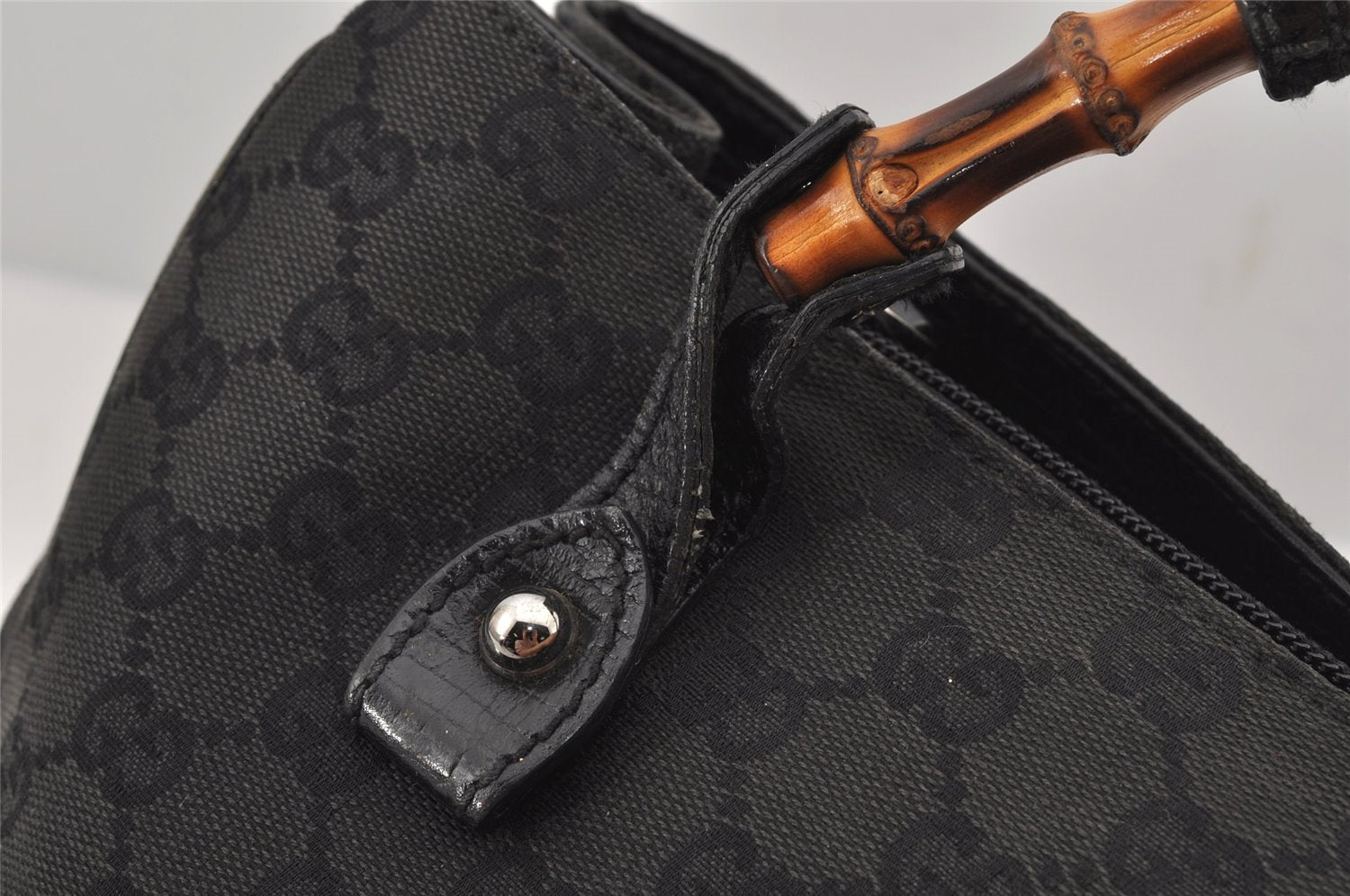 Authentic GUCCI Bamboo Vintage Hand Bag GG Canvas Leather 112526 Black 7913J