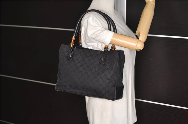 Authentic GUCCI Bamboo Vintage Hand Bag GG Canvas Leather 112526 Black 7913J
