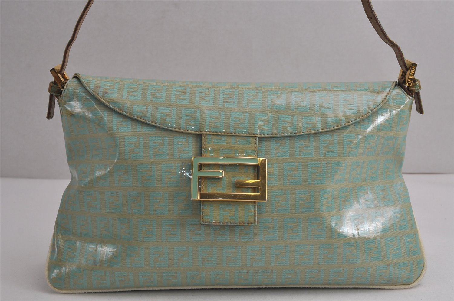 Authentic FENDI Zucchino Mamma Baguette Shoulder Bag PVC Leather Blue 7915J