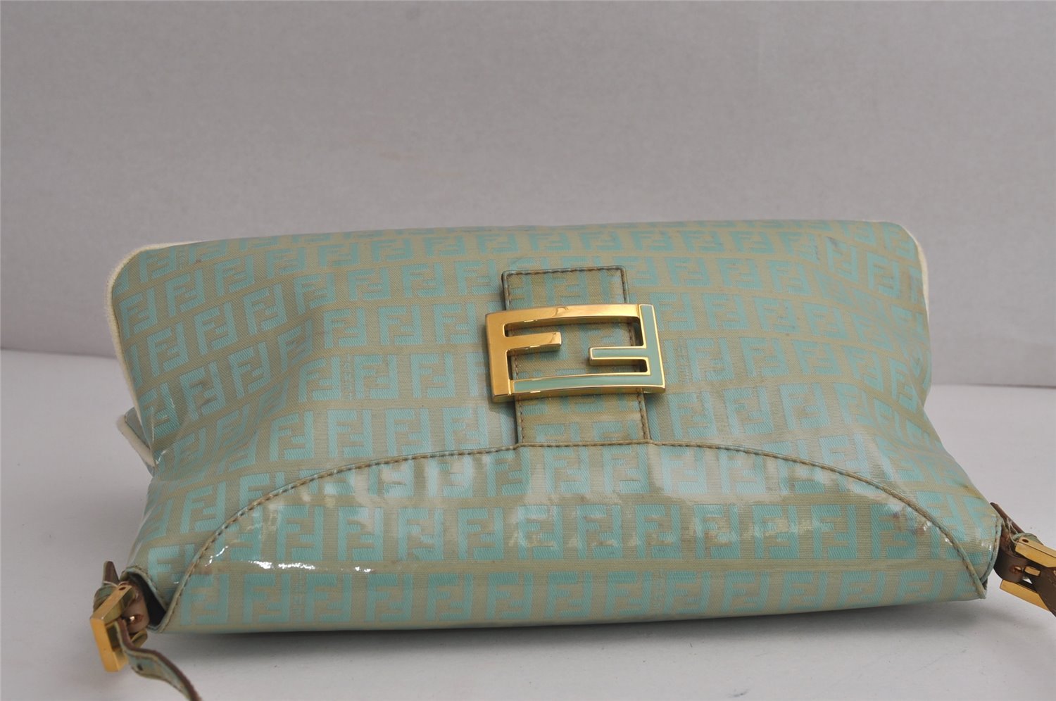 Authentic FENDI Zucchino Mamma Baguette Shoulder Bag PVC Leather Blue 7915J