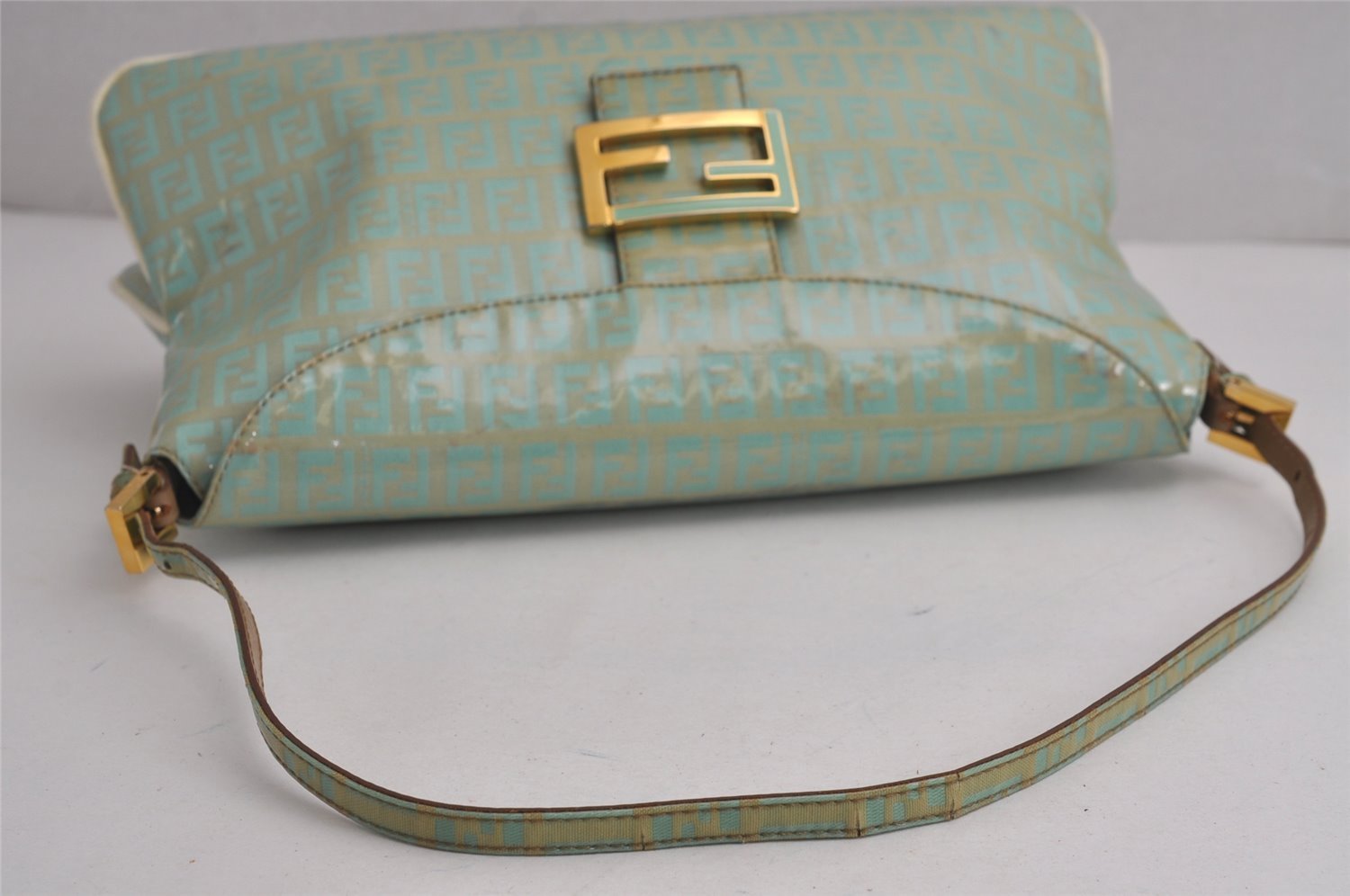 Authentic FENDI Zucchino Mamma Baguette Shoulder Bag PVC Leather Blue 7915J