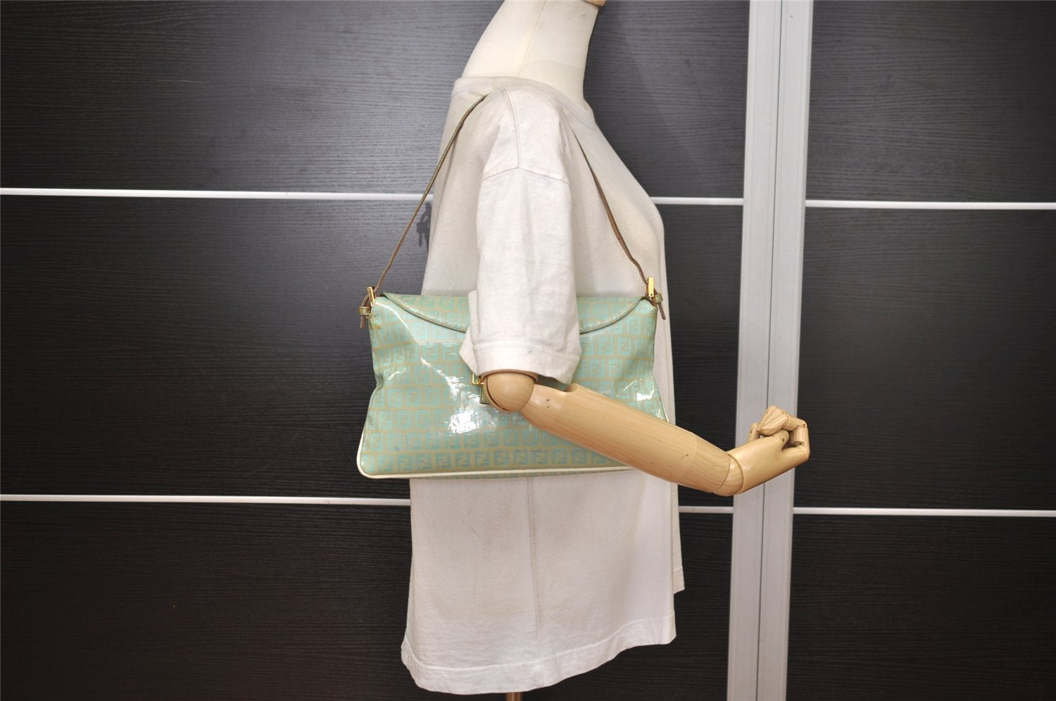 Authentic FENDI Zucchino Mamma Baguette Shoulder Bag PVC Leather Blue 7915J