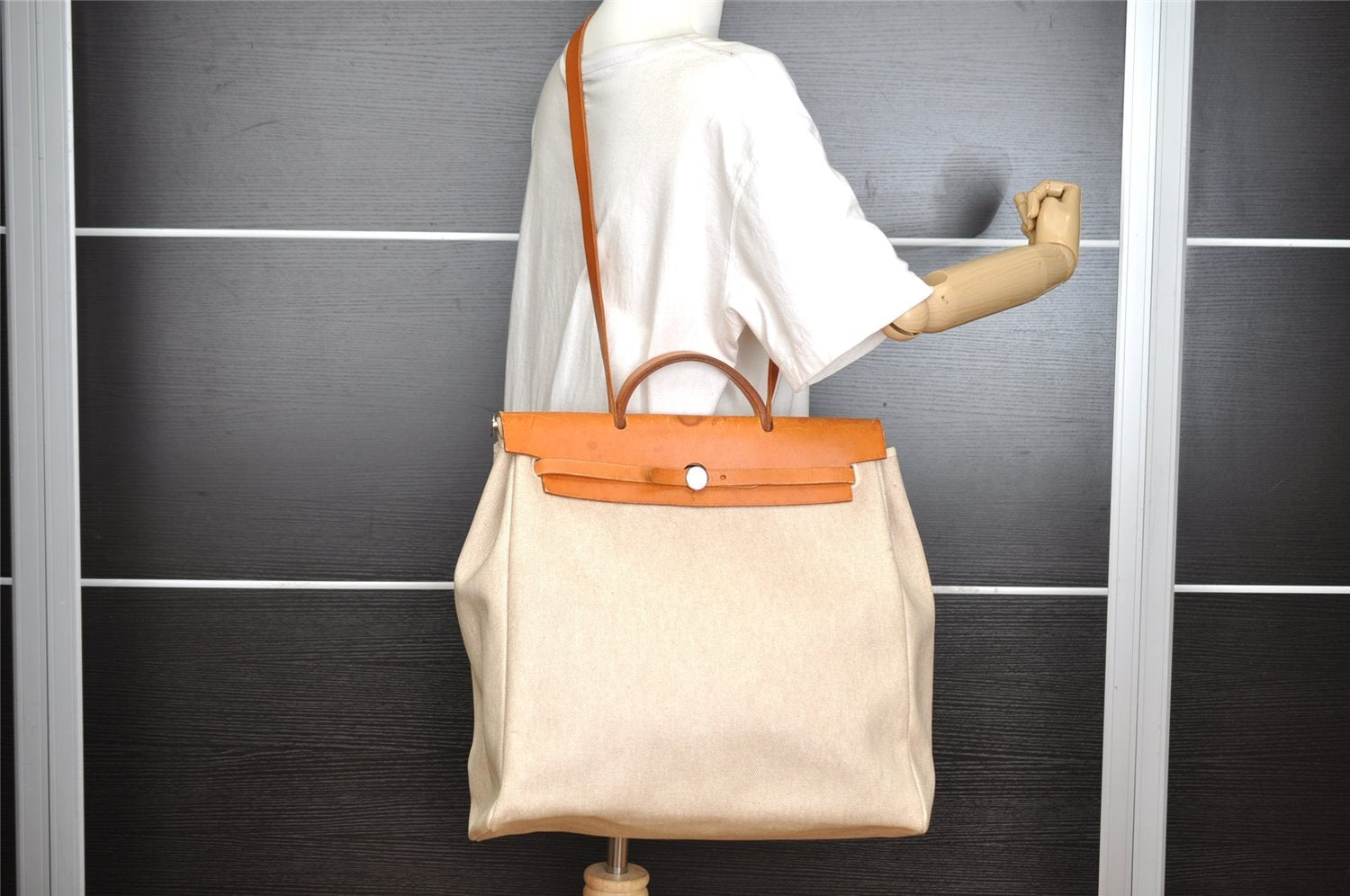 Auth HERMES Her Bag MM 2 In 1 2Way Shoulder Hand Bag Canvas Leather White 7916I