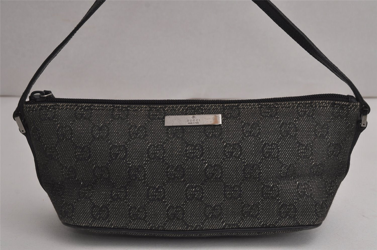 Authentic GUCCI Vintage Hand Bag Pouch Purse GG Canvas Leather 07198 Black 7918J