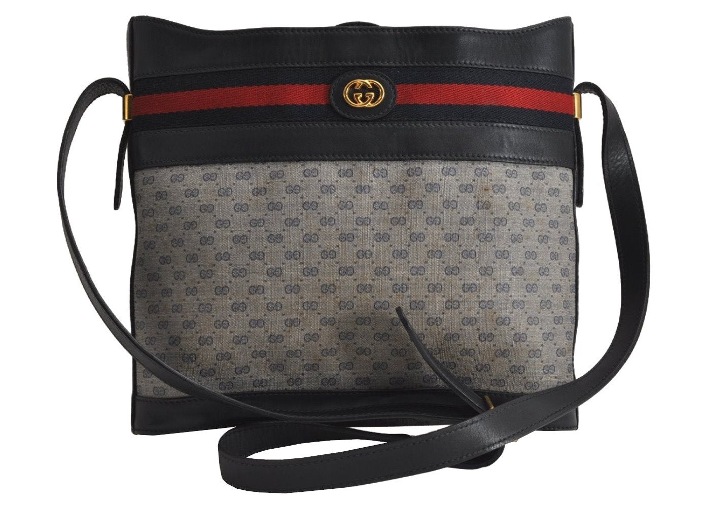 Authentic GUCCI Sherry Line Micro GG Shoulder Cross Bag PVC Leather Navy 7919J
