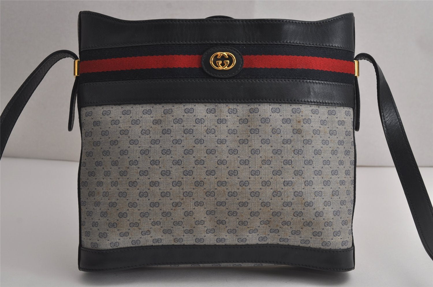 Authentic GUCCI Sherry Line Micro GG Shoulder Cross Bag PVC Leather Navy 7919J