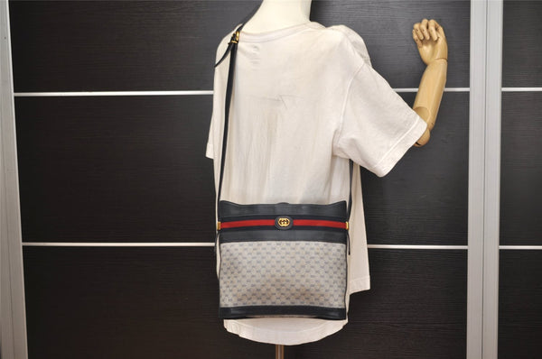 Authentic GUCCI Sherry Line Micro GG Shoulder Cross Bag PVC Leather Navy 7919J