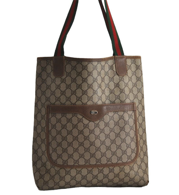 Authentic GUCCI Web Sherry Line Shoulder Tote Bag GG PVC Leather Brown 7920J